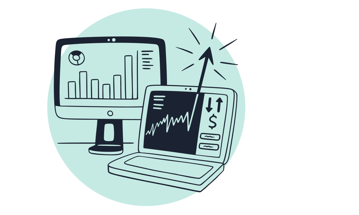 Illustration of a desktop monitor displaying a bar chart and a laptop showing a rising line graph with a dollar sign, symbolizing financial growth or data analysis.