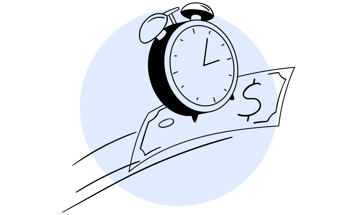 Illustration of an alarm clock placed on top of a dollar bill, symbolizing the concept of time and money.
