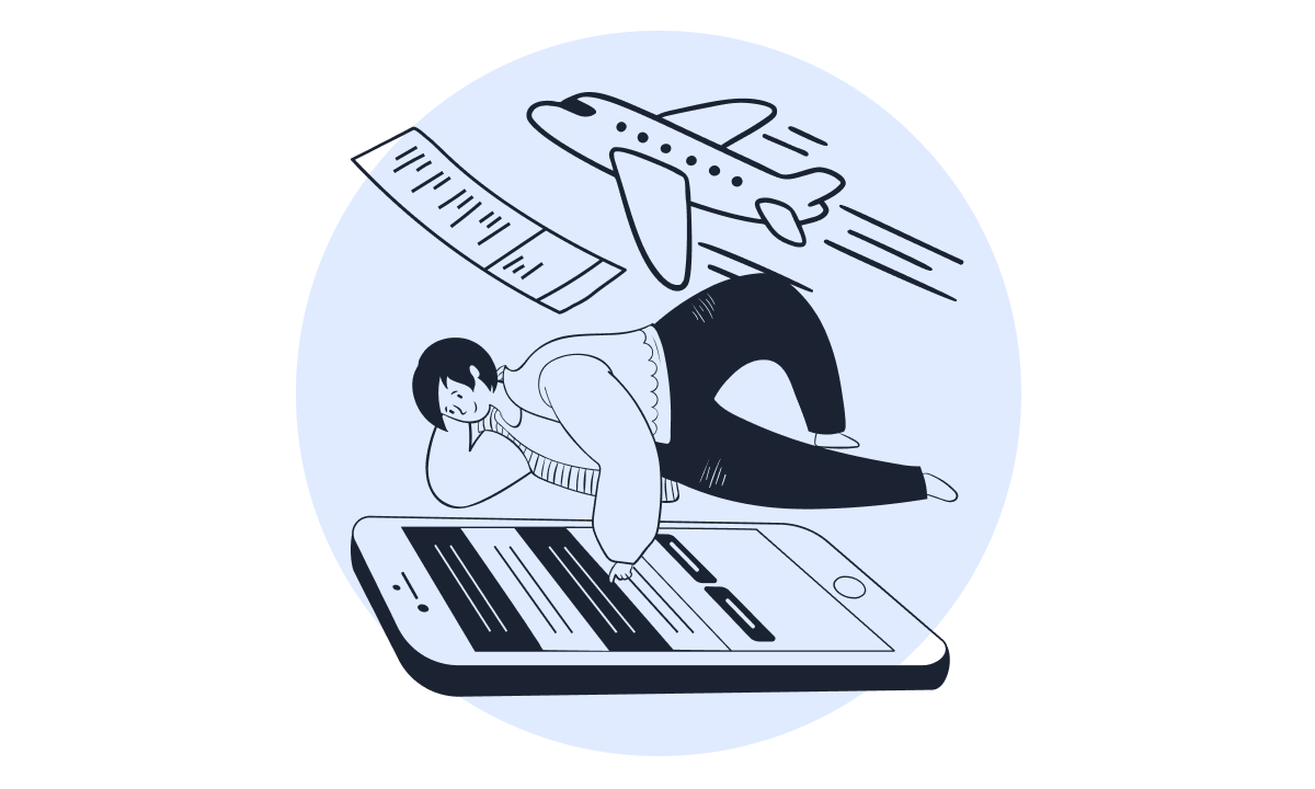 Illustration of a person lying on a large smartphone with travel itinerary and airplane icons, symbolizing planning or booking a trip online.