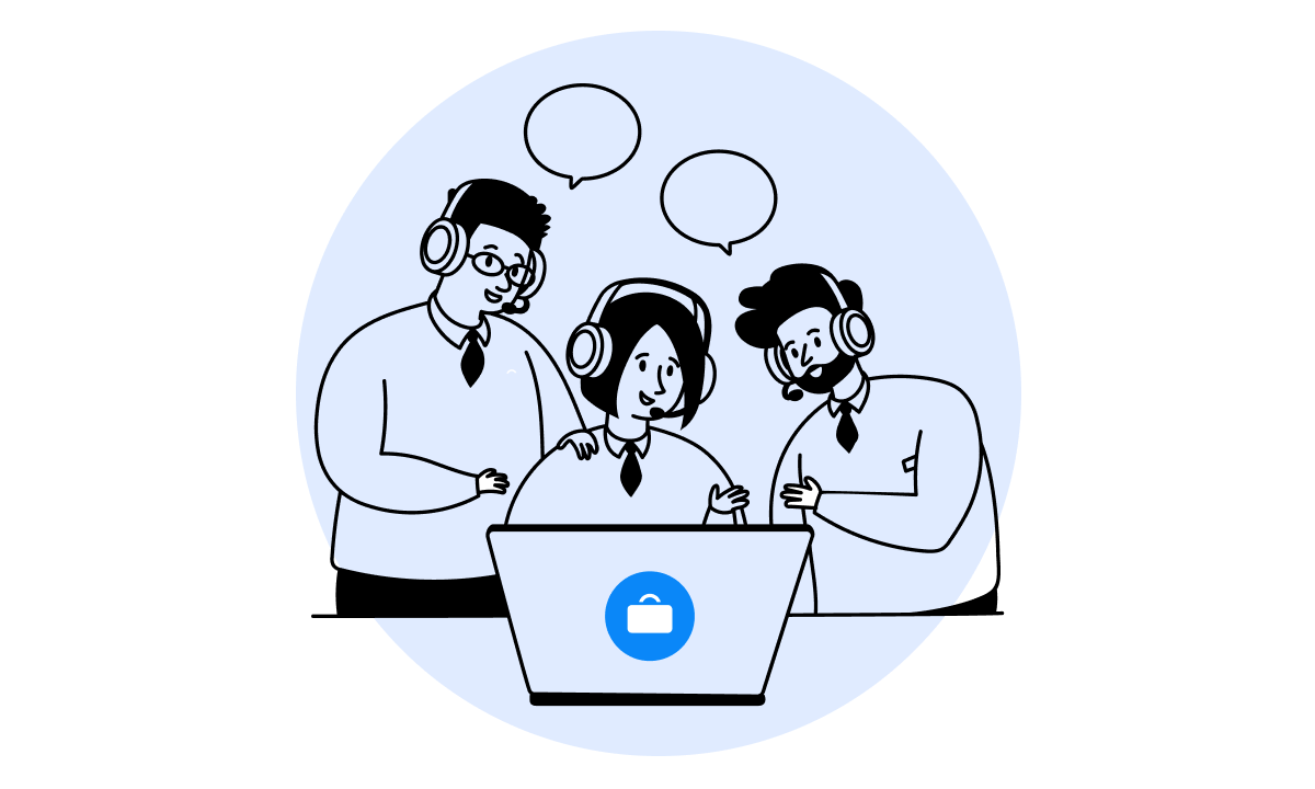 Three people with headsets discuss something while looking at a laptop, with speech bubbles above their heads, inside a blue circular background.
