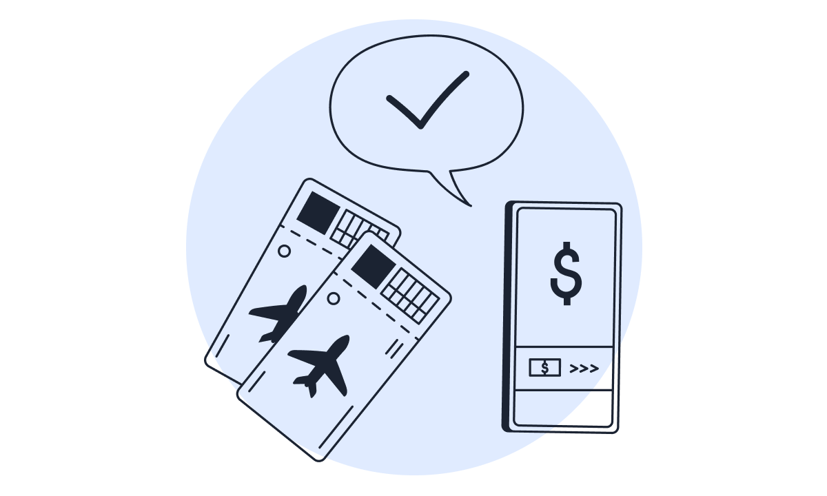 Illustration of two airline tickets, a payment terminal displaying a dollar sign, and a speech bubble with a check mark.