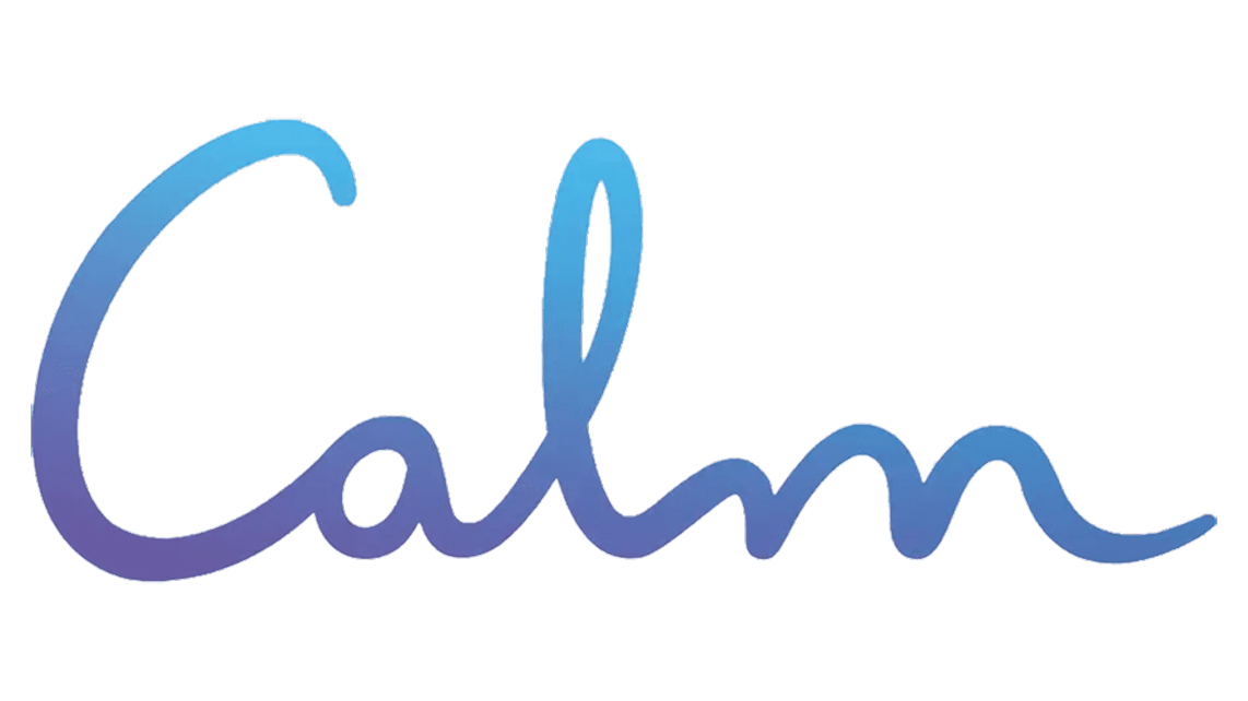 The word "Calm" is written in a smooth, blue gradient cursive font on a transparent background.
