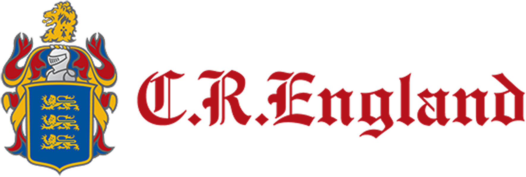 C.R. England logo with a blue and yellow family crest featuring three lions and a knight’s helmet, alongside red gothic-style text reading 