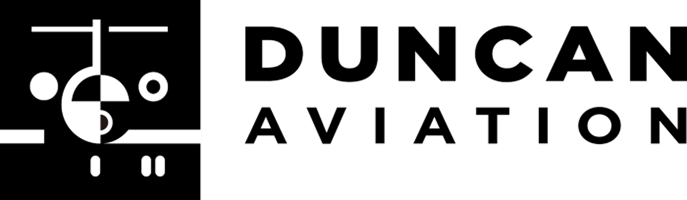 Minimalist white helicopter icon on a black background, shown from the front with landing skids and circular windows visible.