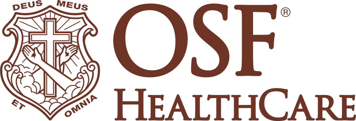 OSF HealthCare logo featuring a crest with a cross and hands, the Latin phrase 
