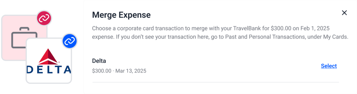 Illustration of a TravelBank user interface showing an option to merge a $300 Delta corporate card expense dated March 13, 2025, with a TravelBank expense.