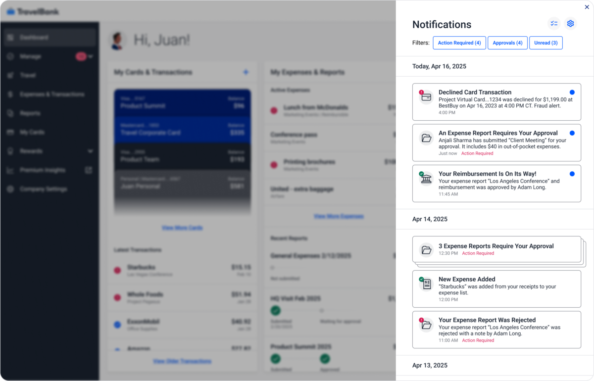 The TravelBank Notification Center panel displays alerts about card transactions, expense report approvals, rejections, and reimbursements from April 13 to 16, 2025, in a finance management app.
