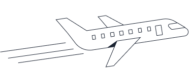 Simple line drawing of an airplane flying to the right with motion lines behind it, perfect for illustrating themes of corporate travel management.