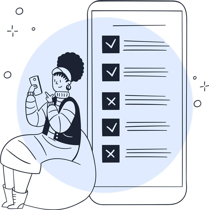 A person sits on a bean bag looking at their phone, next to a large screen displaying a checklist with checked and unchecked boxes.