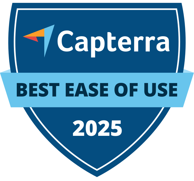 A blue badge with "Capterra Best Ease of Use 2025" text, indicating an award for user-friendly software.