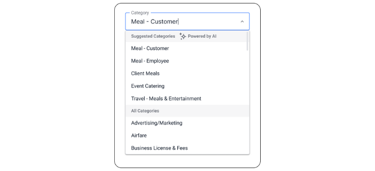 A dropdown menu shows suggested expense categories for