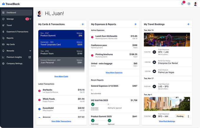 Travel and Expense Management Software dashboard showing cards, transactions, expenses, reports, and travel bookings with a navigation sidebar on the left and detailed panels in the main view.