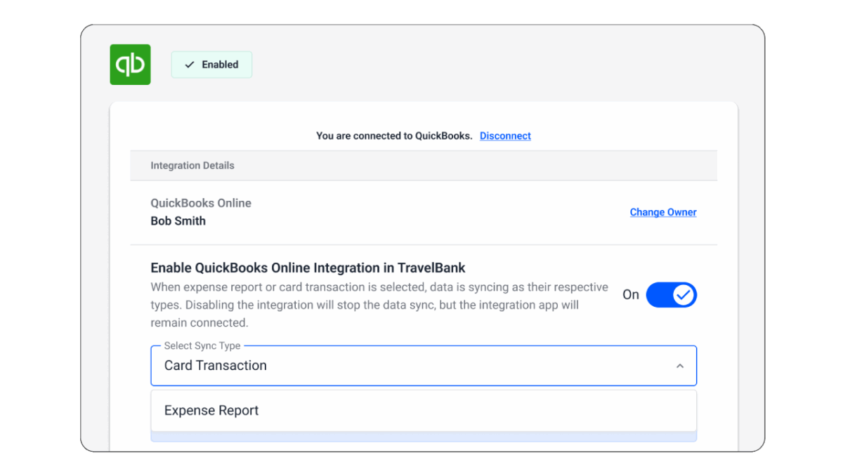 A settings screen shows QuickBooks Online integration enabled in TravelBank, with options to select sync type:
