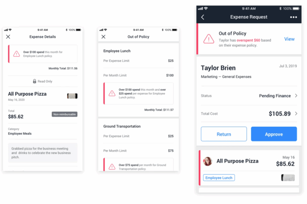Screenshot 2025-05-16 at 1.33.41 PM.png Three mobile app screenshots display an expense request flagged as out of policy due to exceeding set limits for an employee lunch at All Purpose Pizza.
