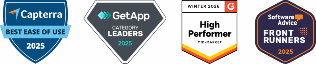 Four award badges from Capterra, GetApp, G2, and Software Advice, recognizing achievements in ease of use and performance for the years 2025 and 2026.