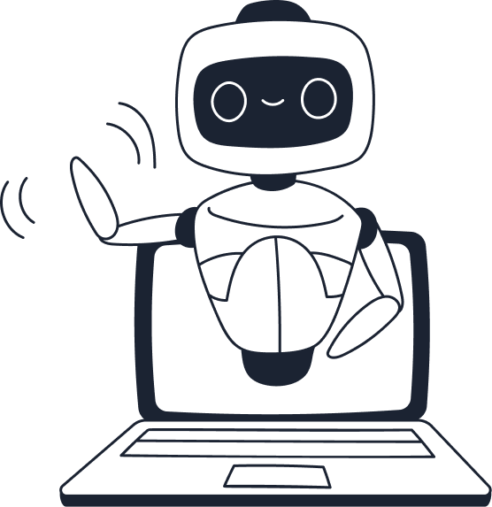 A smiling robot waves while emerging from a laptop screen in a simple, cartoon-style illustration.