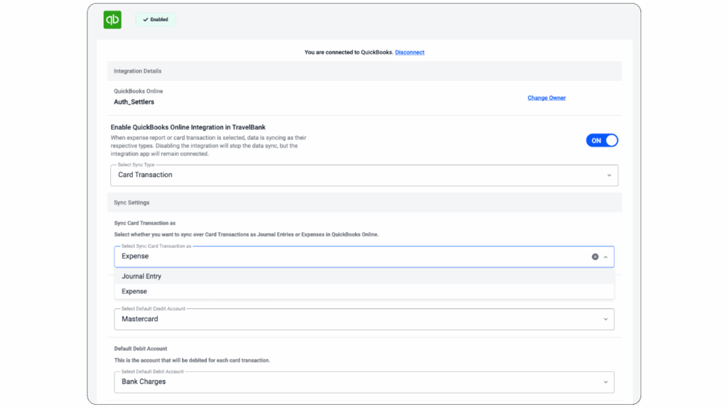 Screenshot of a QuickBooks Online integration settings page showing options to enable integration, sync card transactions, and select transaction types, payment method, and default account.