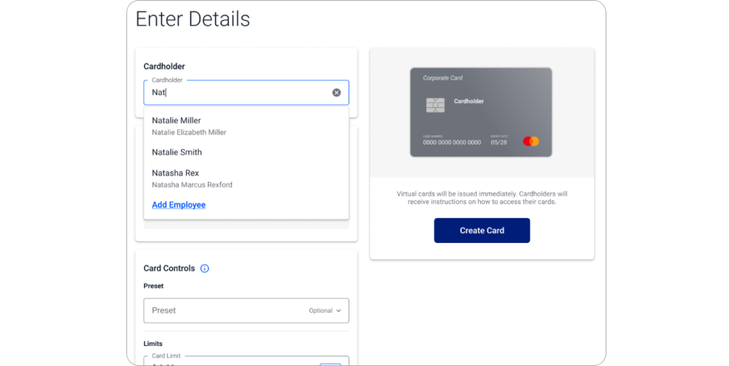 Screenshot of a card issuance interface showing a form to enter cardholder details, a dropdown list of names, card controls, and a preview of a corporate Mastercard.