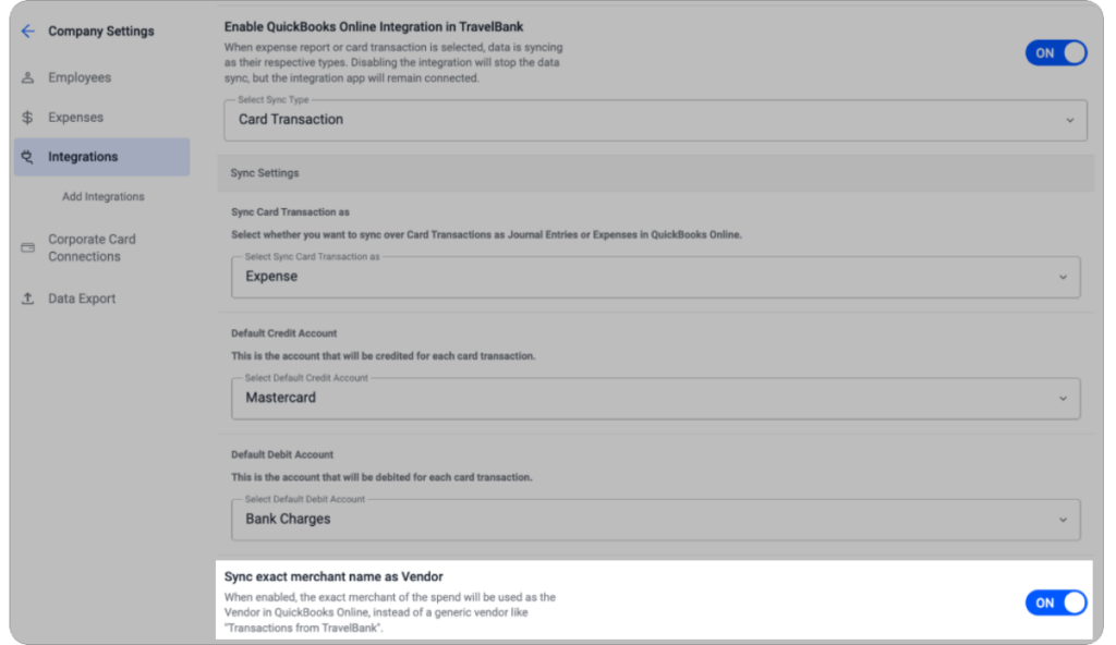 Settings page showing QuickBooks Online integration options in TravelBank, including toggles and fields for transaction types, default accounts, and syncing exact merchant names as vendors.