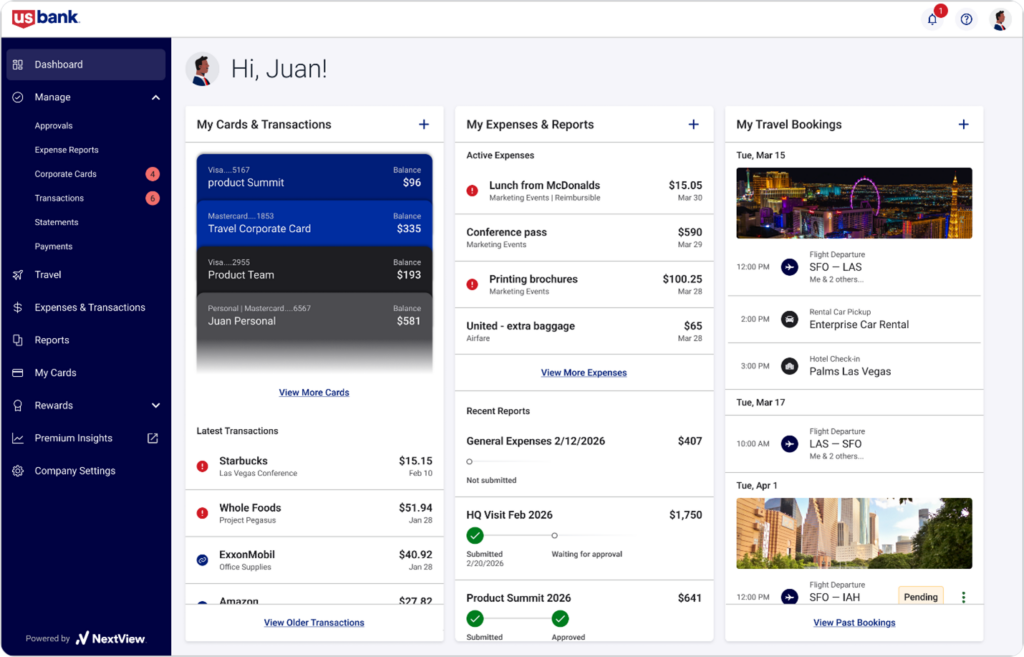 NextView dashboard showing cards, recent transactions, expenses, reports, and travel bookings, with navigation menu on the left and summary panels in the main section.